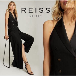 Reiss Annie Black Tuxedo Split Leg Jumpsuit Sleeveless Lined Size 2 Satin Trim